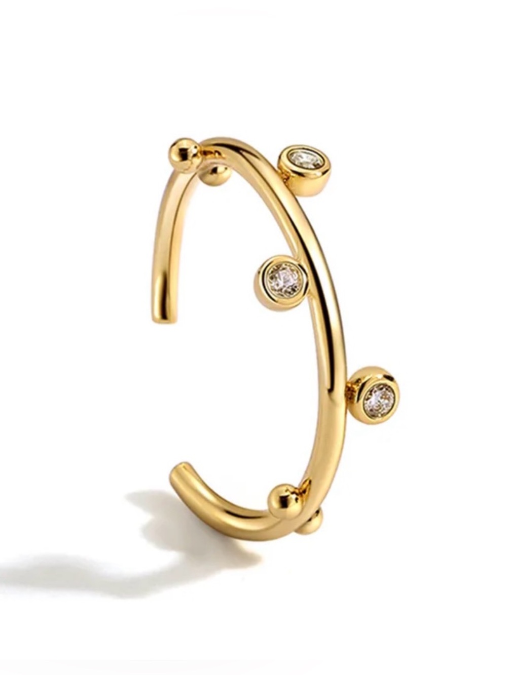 Gold Open Cuff Ring with Bezel Zircon Accents | Adjustable
